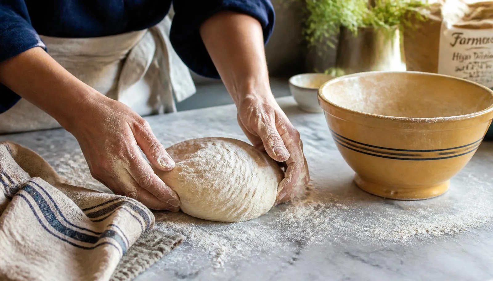 Floured hands shaping dough beside the yellow mixing bowl
