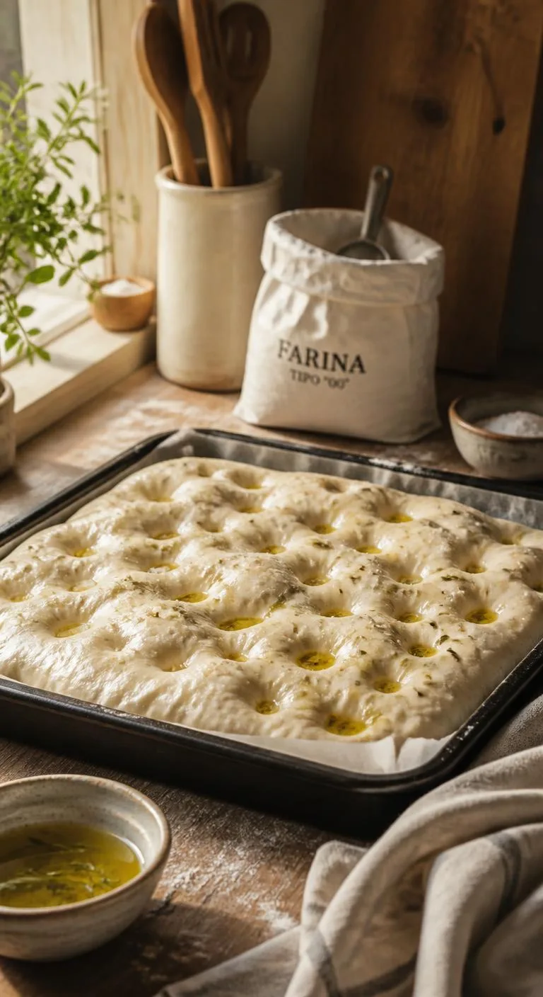 Focaccia dough proofing in a tray with flour and olive oil